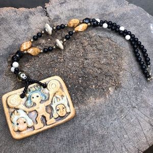 Vintage clay beaded necklace black tan cream